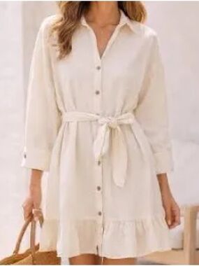 Zara Cream Button-Front Shirt Dress with Tie Waist